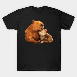 Capybara & Cat Cuddling Sketch Art Cute T-Shirt